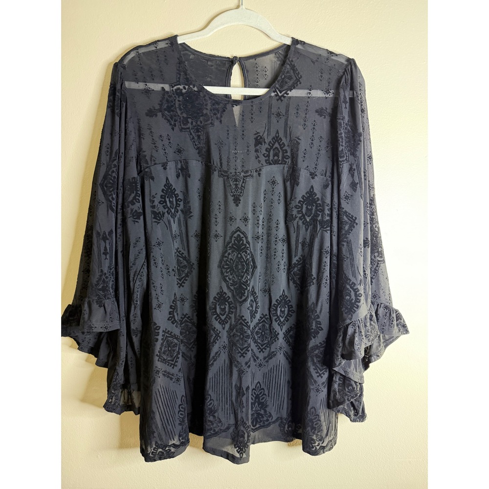 Torrid Black Whimsigoth Velvet Sheer Babydoll Blouse Ruffle Bell Sleeve Size 1